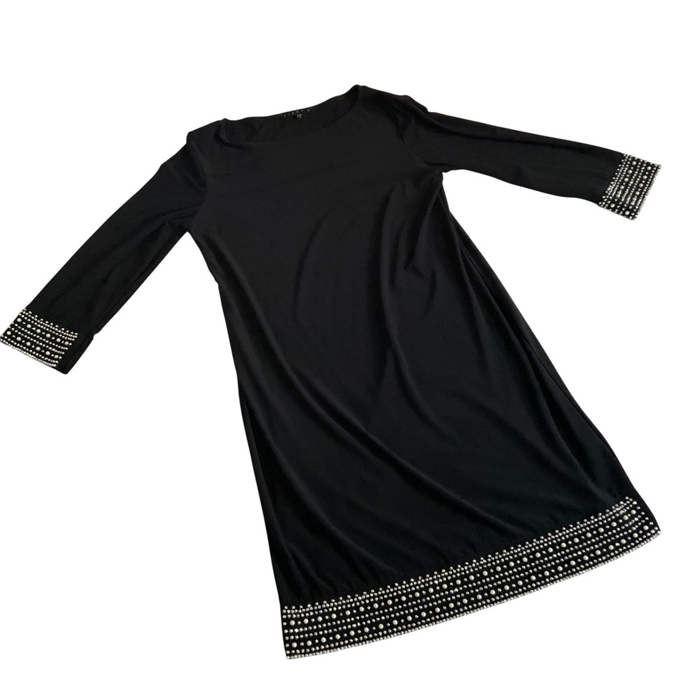 Tiana B. Shift Dress Women 8 Black Beaded Faux Pearl Trim 3/4 Sleeve Elegant